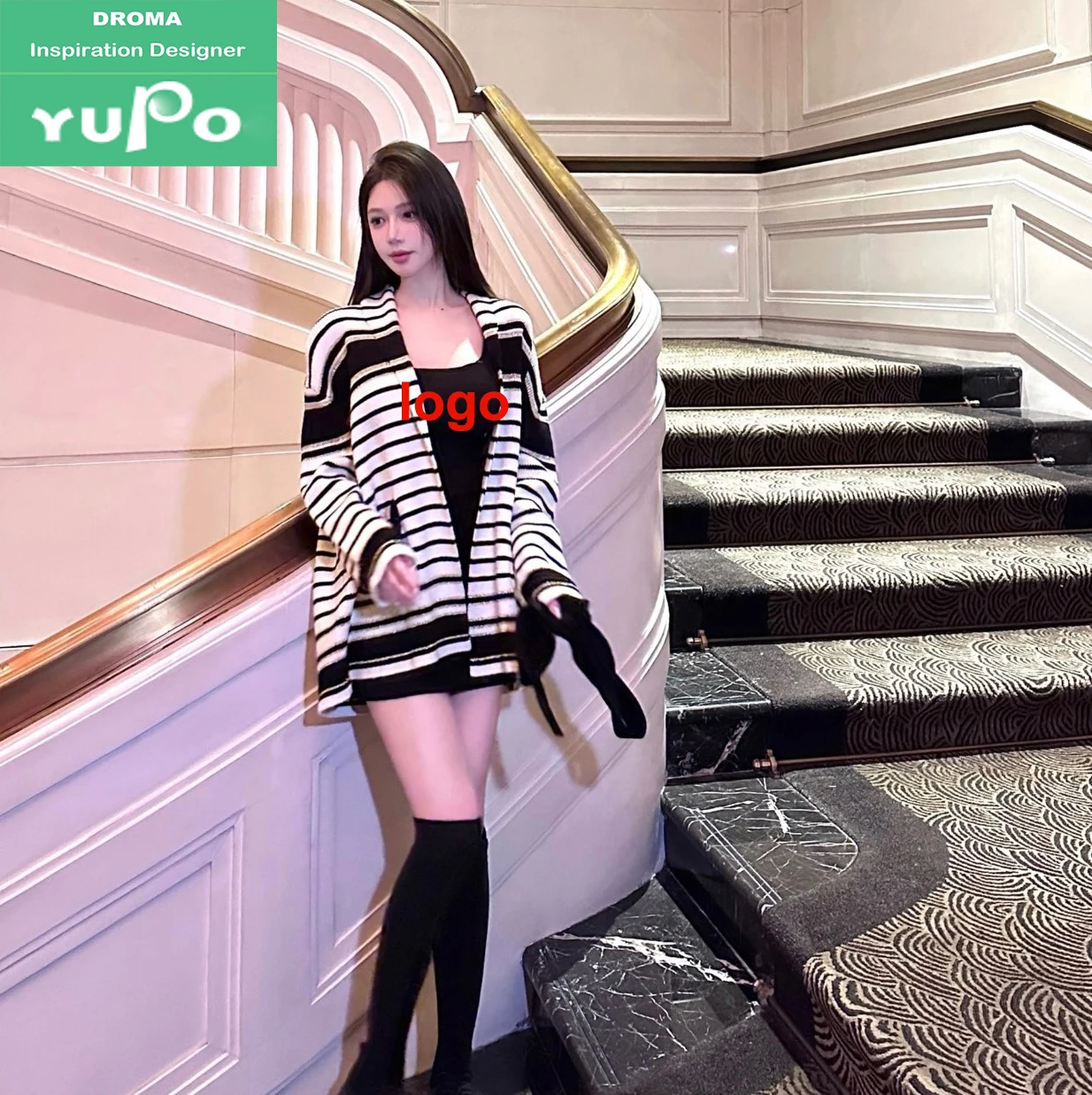 Droma autumn fashion loose long sleeves long famous logo knitted women striped bow sweater with sashes