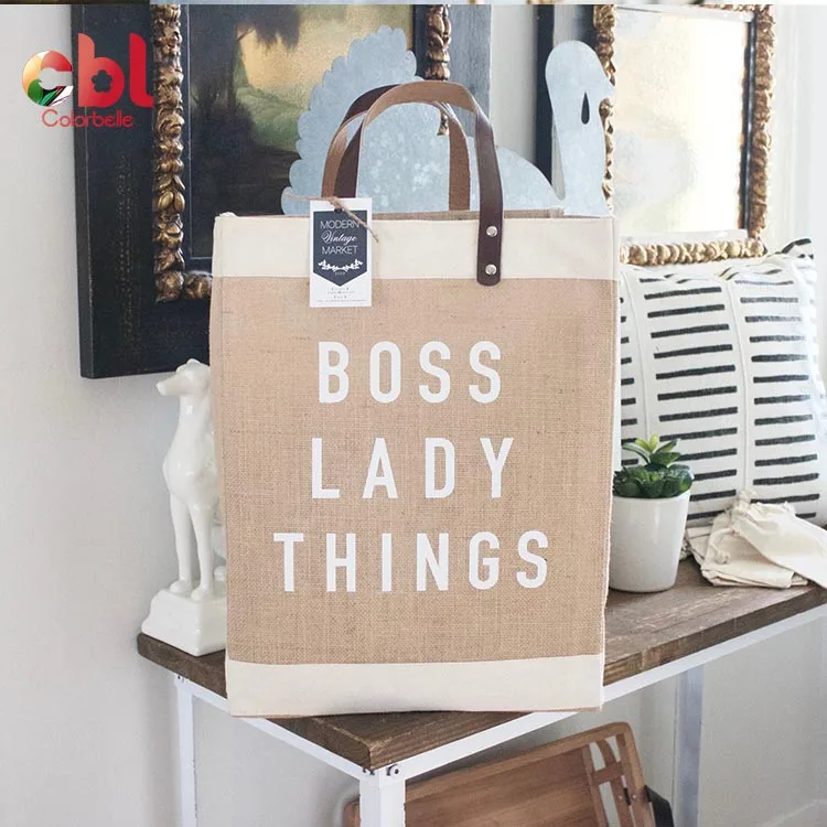 Large Capacity Eco-friendly Linen Cotton Bag  Recycled Linen Canvas Tote Shopping Bag with Leather Handle