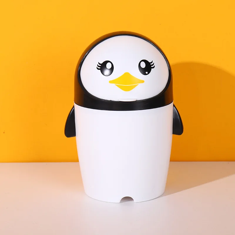 Office Penguin Mini Car Waste Bin Desktop Flip Top Dustbin Countertop Small Portable Plastic Trash Can
