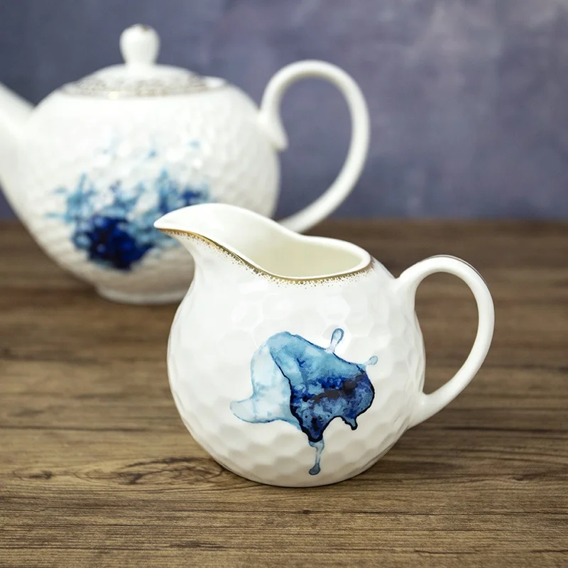 Wholesale 15pcs Shining golden bule color royal design white embossed body high quality Eco-Friendly tea sets for 6 person sets