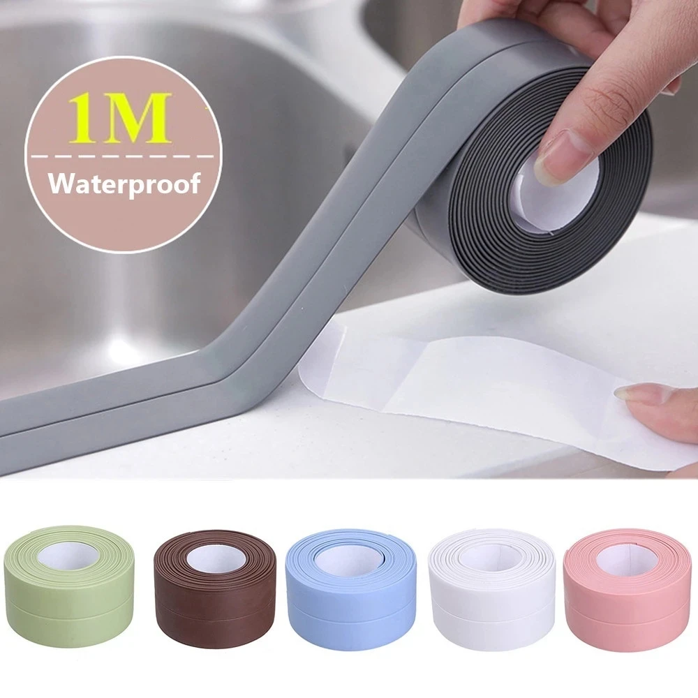 1m Gray Adhesive Tape PVC Wall Corner Sealing Waterproof Self Adhesive Tile Crack Sink Edge Repair Sealant Tape Kitchen Crevice