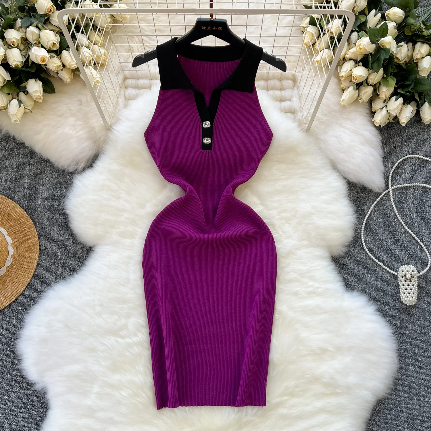 Polo Collar Hip Midi Dress For Women Empire Contrast Color Lace Dress Purple Red Black