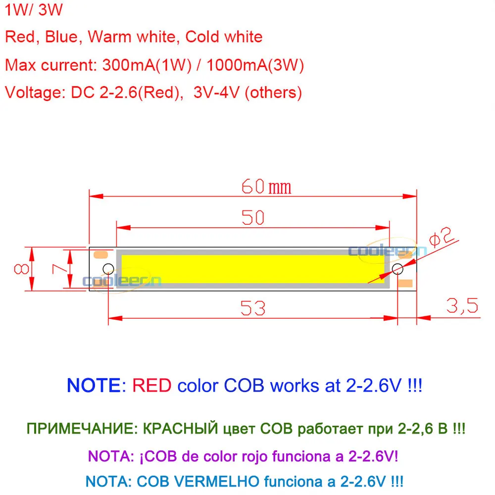 Светодиодная лента COB 60x8 мм 1 Вт 3 в 7 LED теплый холодный белый синий красный цвет чип 6 см для рабочего освещения декоративные фонари велосипеда скутера
