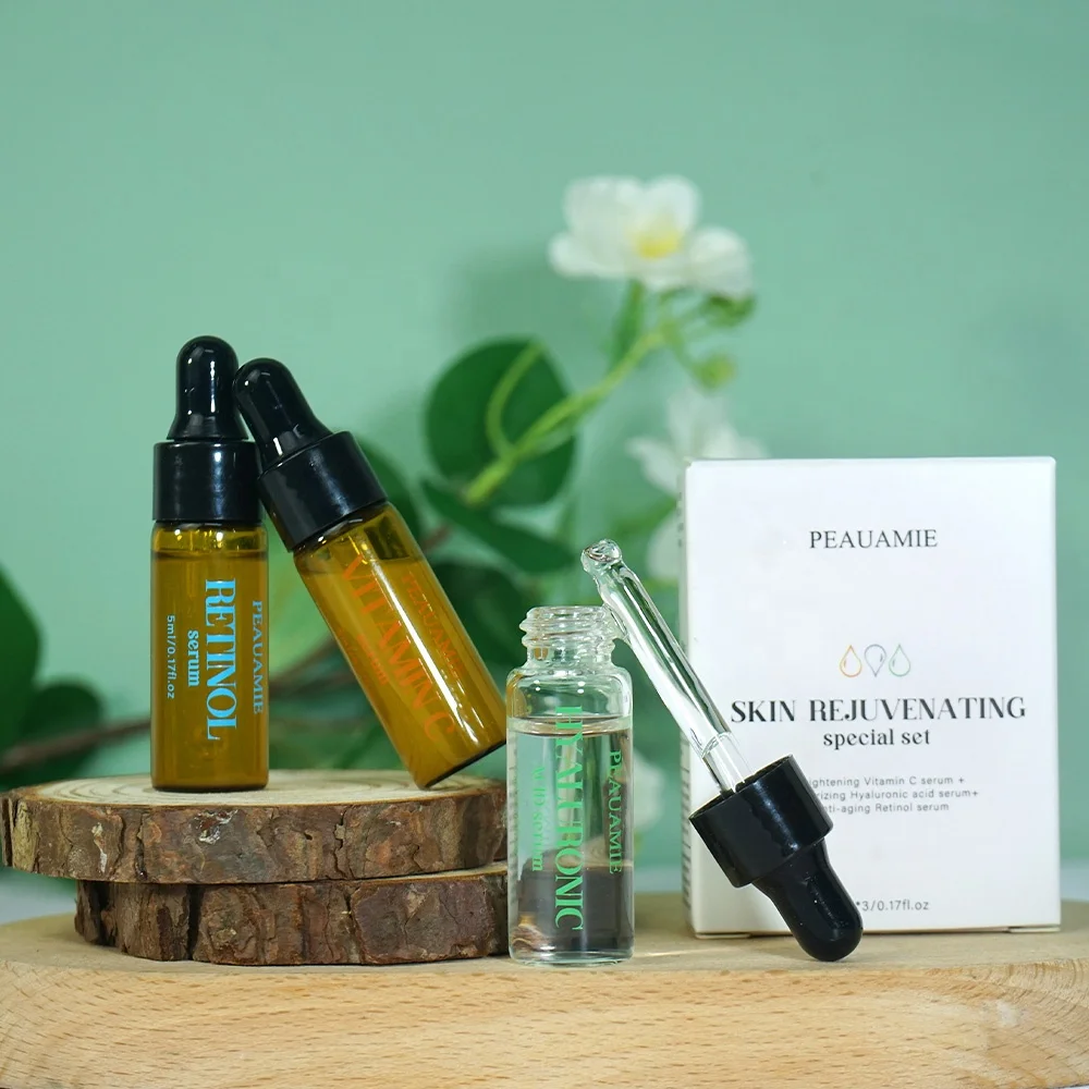 OEM 3 IN 1 Facial Serum Anti-Aging Wrinkle Whitening Skin Rejuvenating Travel Kit Vegan Vitamin C Face Serum