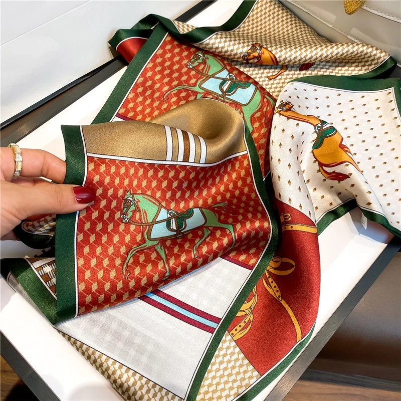 Tking Custom Big Women Digital Printing Satin Pure Silk Scarf 90*90 Cm Hair Square Polyester Scarves Ladies