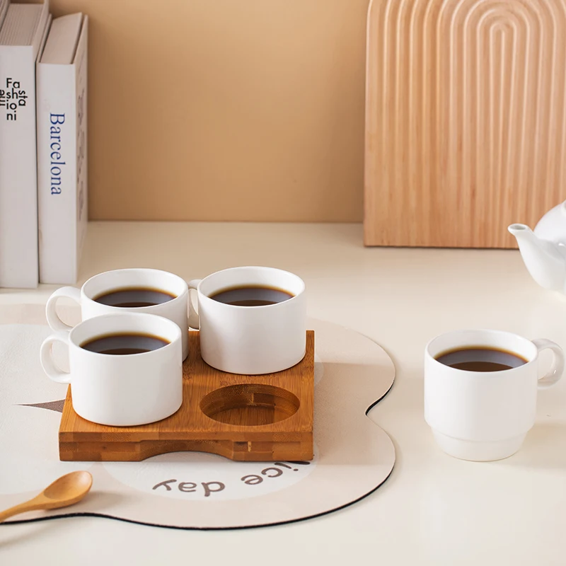 Jinbaichuan Manufacturer Custom logo Porcelain Coffee Tea Mug Set of 4 White Ceramic Mug With Wooden Base