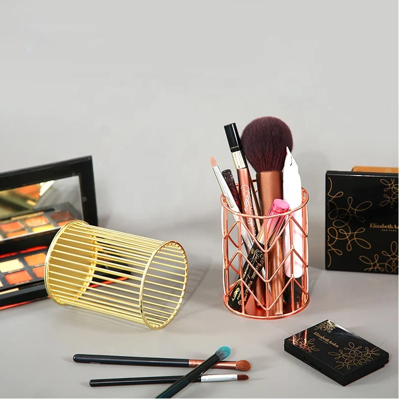 Gold Metal Pen Holder Office Home Desk Organizer Pencil Holder Makeup Brushes Holder