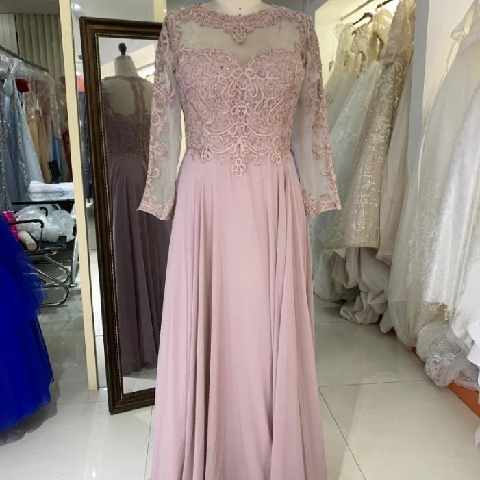 Dusty Rose plus size Aline  applique beading long sleeve full back chiffon mother of the bride for wedding party