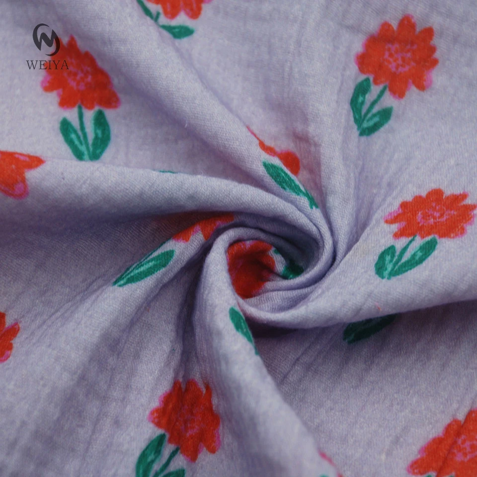 Cute kids wear dress 120gsm custom double gauze crinkle 2 layer 100 cotton printed muslin fabric for baby blanket