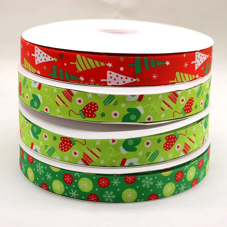 Factory custom printed logo satin ribbon ,1 inch merry christmas tree deco grosgrain ribbon roll for gift wrapping party holiday