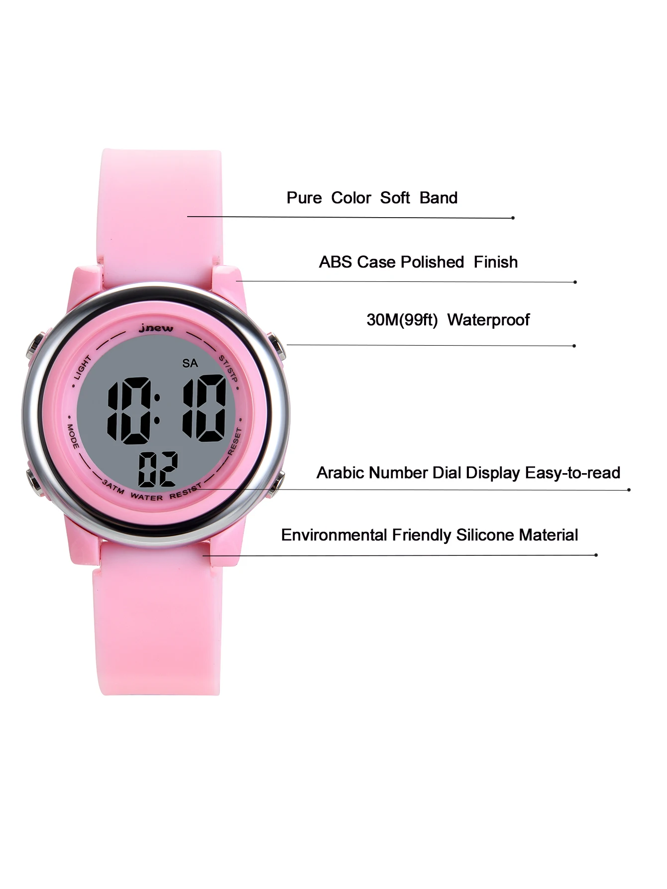 Pink Environmental Colorful Flash 3ATM Waterproof Time Digital Wrist Watch For Kid