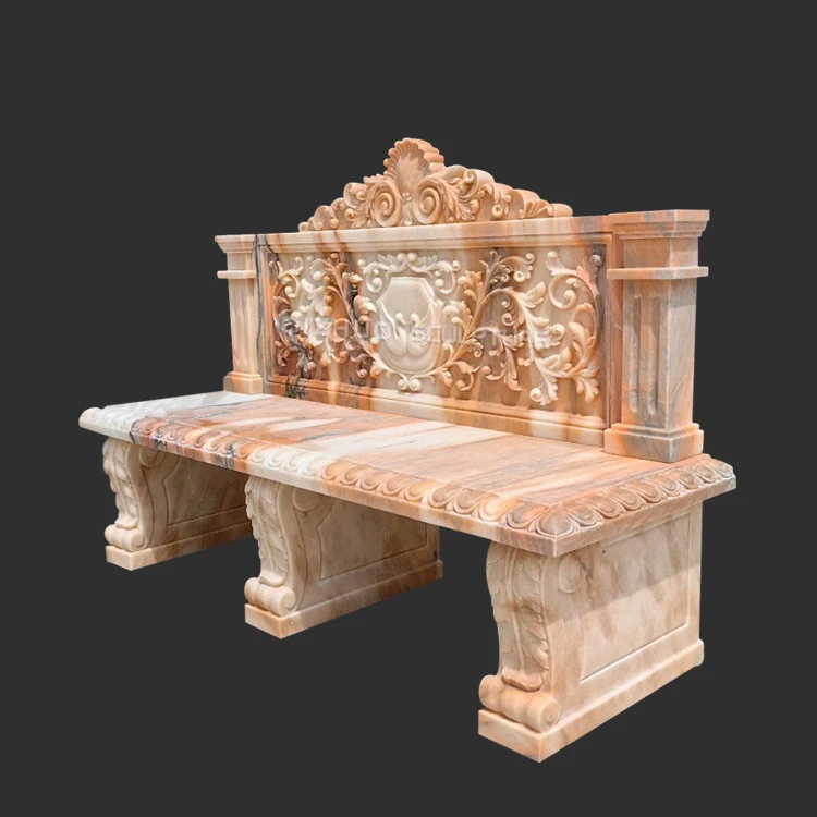 Customized Antique Outdoor Garden Decor Hand Carved Park Natural Stone Red Marble Bench Chair