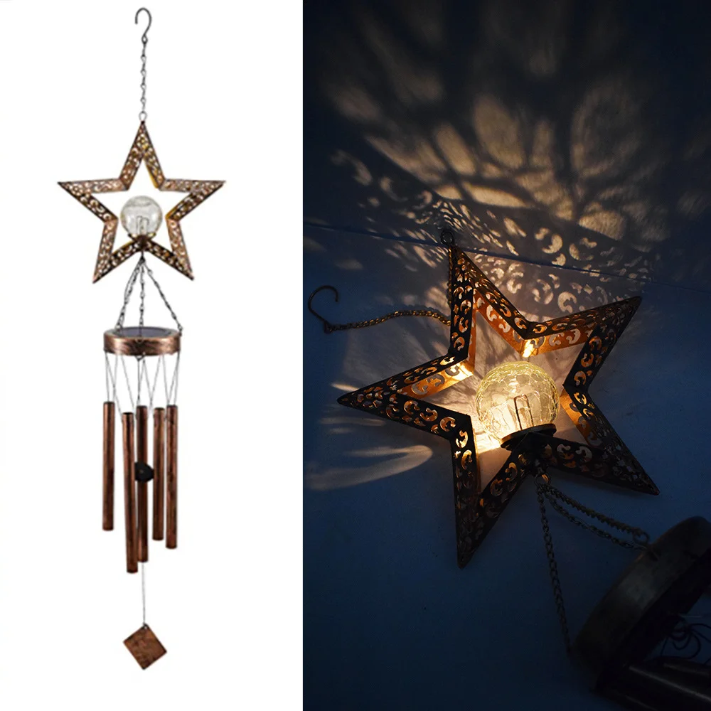 Led Solar Wind Chimes Light Outdoor Waterproof Hanging Aeolian Bells Solar Lamp With Moon Star Shape For Garden Party Decor