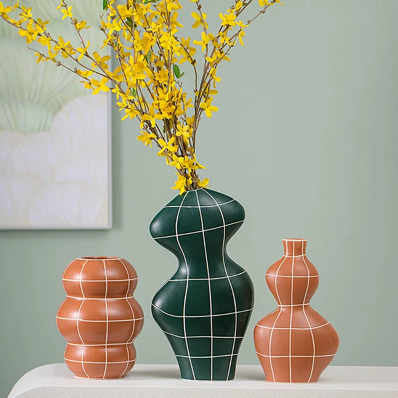 Scandinavian Minimalist Striped Pot Belly Vase Luxurious Colour Flower Ceramic Vase For Home Table Decor