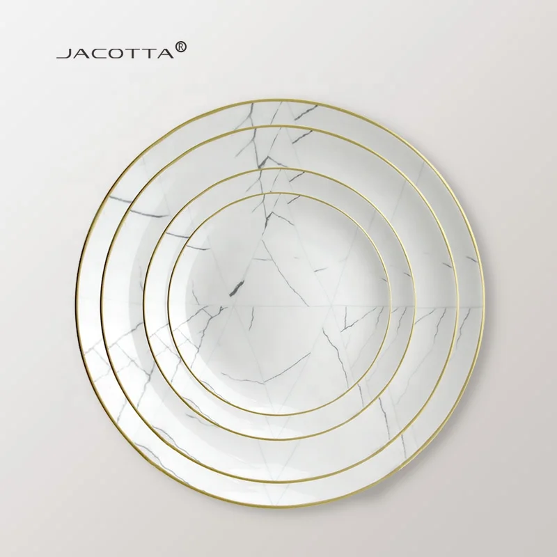 Factory Elegant Western White Marble Wedding Dinner Porcelain Plates Bone China Dishes with Gold Line