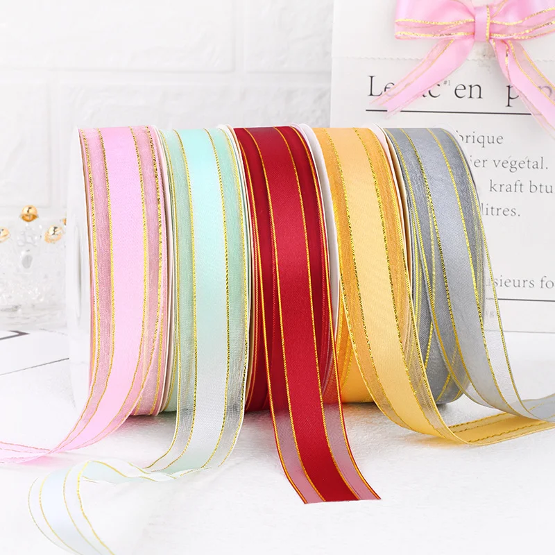 Gold Wire Edge Gift Satin Silk Ribbon Chiffon Crafts Flower Cake Boxes Packaging Custom Ribbons With Logo