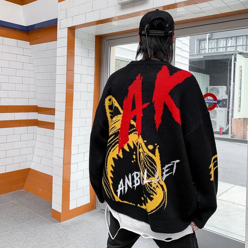 
High Street Fashion New Oversized Sweater Shark Pattern Men Cheap Sweater Mens Oversized Sweater 