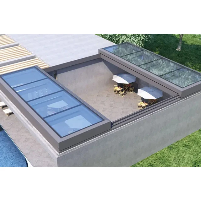 Double Tempered Glass Retractable Skylight System For Aluminium Skylights Sliding Glass Roof Window