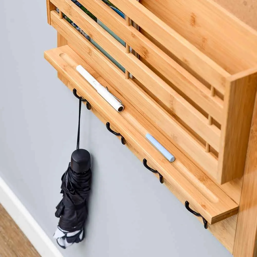 Bamboo Floating Wall Shelf Key and Mail Holder for Wall with Messages Board