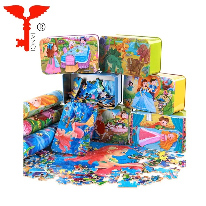 New Custom Wholesale Educational  Game Toy Children Animal  Cartoon Wooden Jigsaw Puzzle With Iron Box For Kids