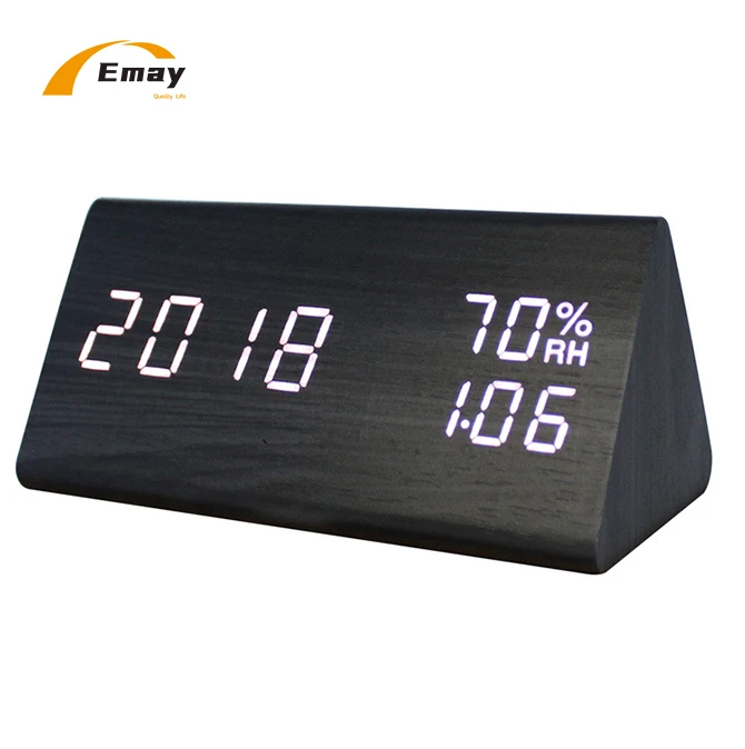 Wooden Triangle Desk Table Top  Bedroom Digital  LED Alarm Clock Sound Control Temperature Humidity Calendar Display USB Charge