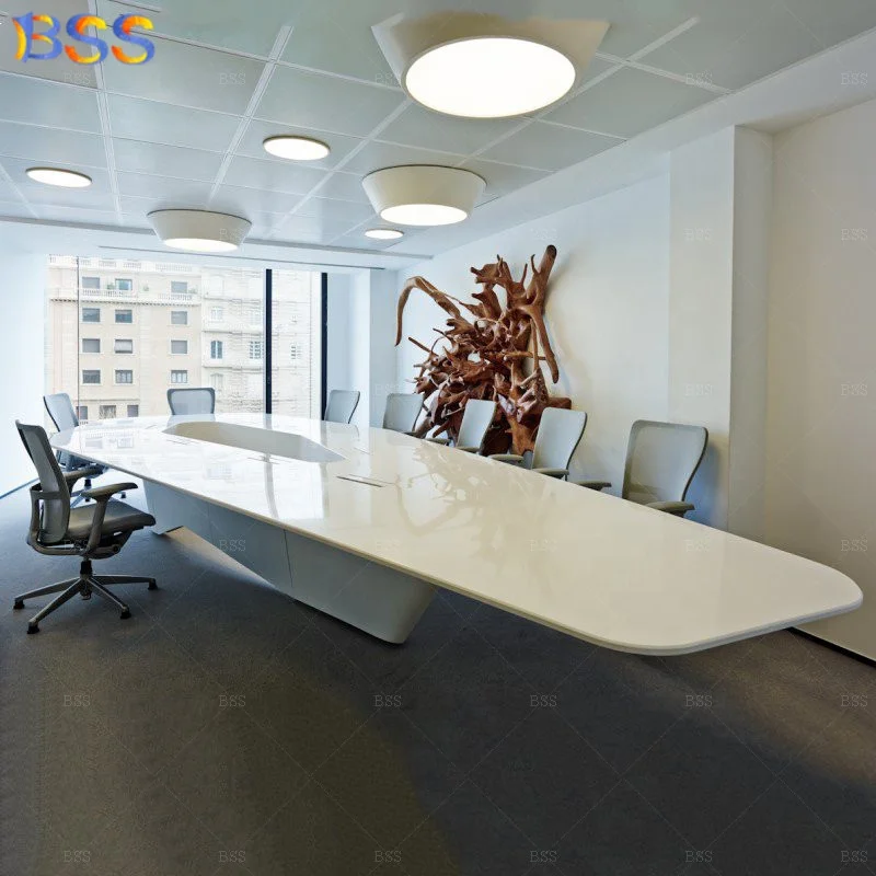 Malta OEM Marvelous Multifunction Pop-Up Box Pure White Artificial Marble Top Big Office Boardroom Table Conference