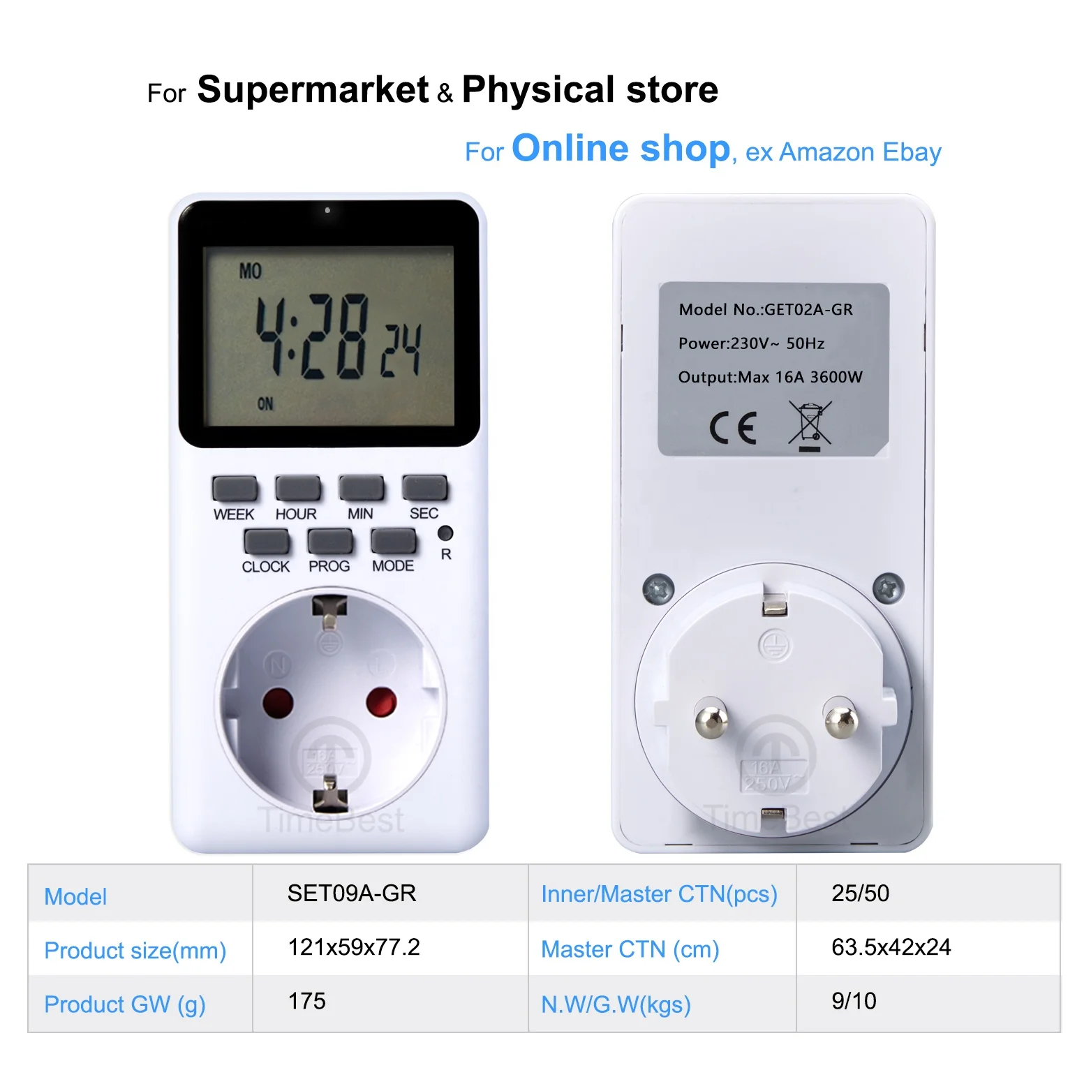 LCD 230V 16A 8ON/OFF Display Digital Timer Plug with Socket Standard Grounding with Rechargeable Battery