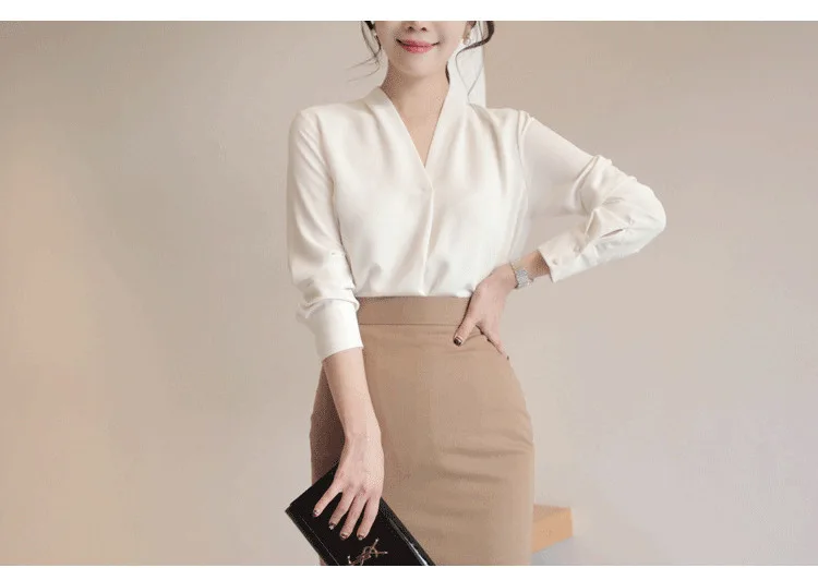 White Shirt Women Spring And Summer V-Neck Solid Color Professional Blouses Simple Sexy Loose Chiffon Blouse Korean