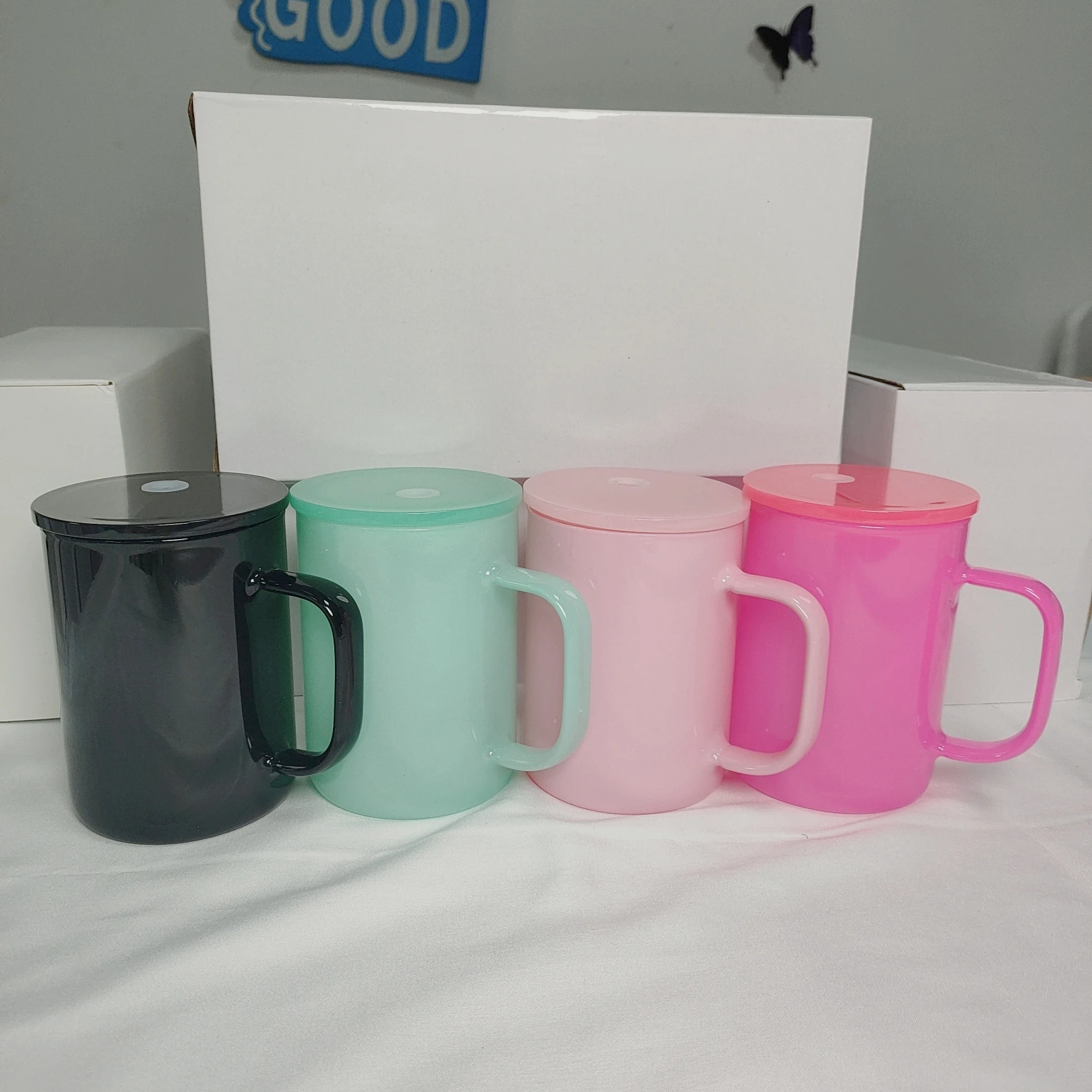 wholesale bulk mixed color 17oz sublimation white shimmer jelly glass can cup mug tumbler with bamboo plastic lid and straw