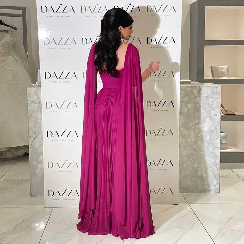 Arabic Fuchsia Chiffon Dubai Evening Dresses With Cape Sleeves Elegant Yellow Women Wedding Party Formal Gowns