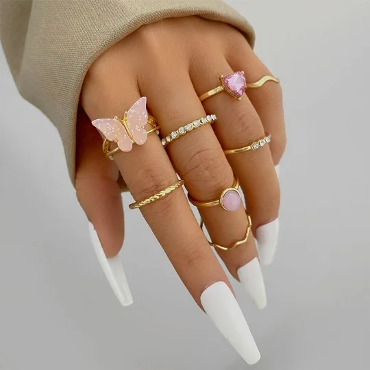 Hot Sale Pink Butterfly Round Opal Rings Pink Heart Cubic Zircon Stacking Rings 8Pcs/Sets For Women Jewelry