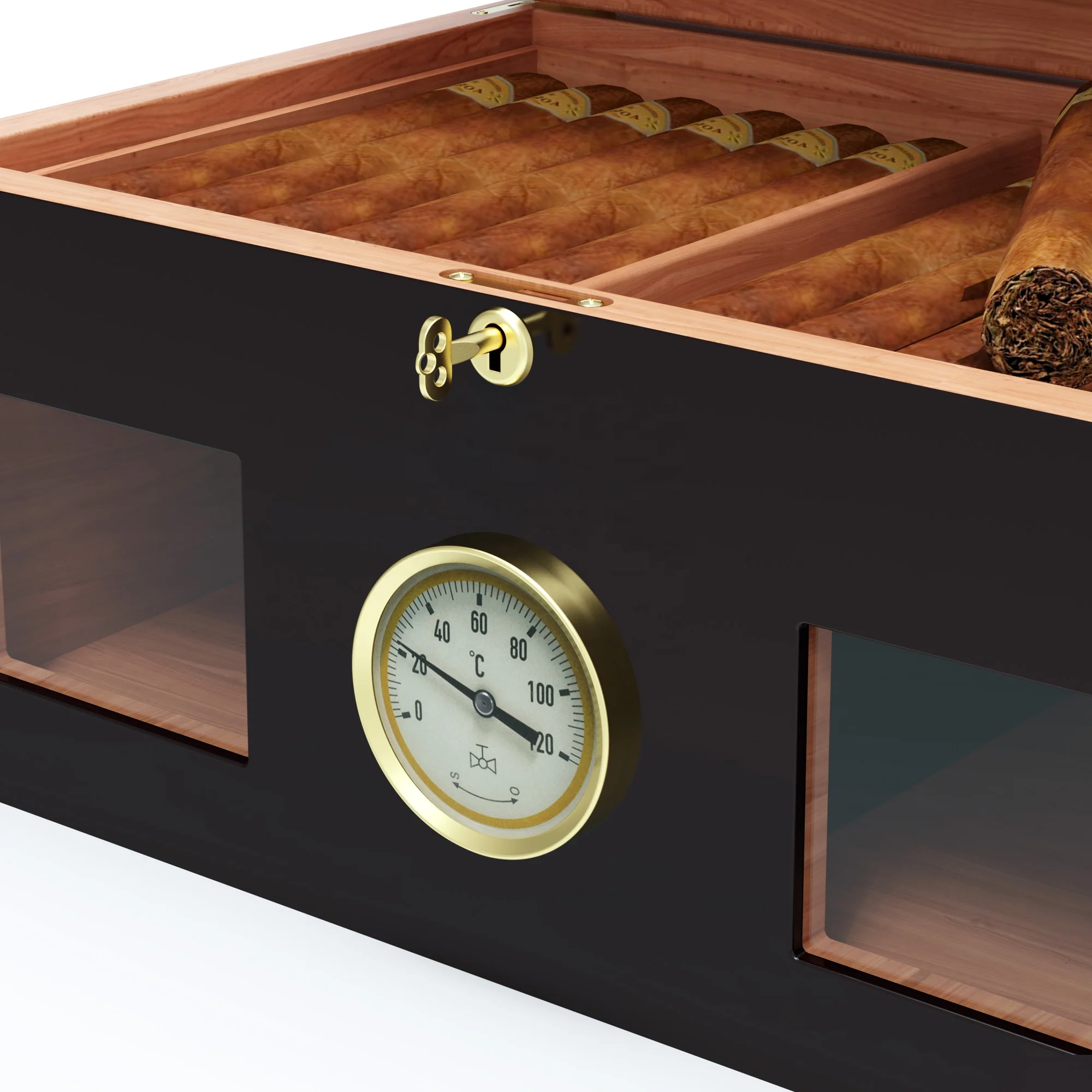 Custom Handcrafted Cedar Wood Cigar Case Wooden Box Cigars Humidor with Front Digital Hygrometer, Humidifier Gel