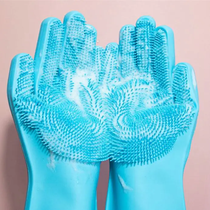 Hot sale Dish washing Cleaning silicone gloves Magic Silicone Rubber Sponge glove for washing pets Household