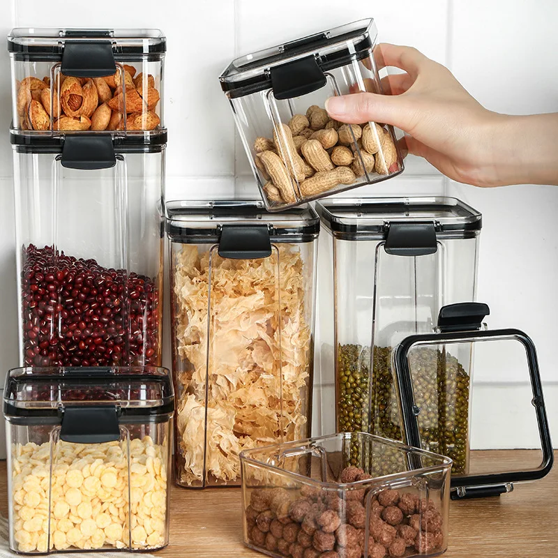 Wholesale Plastic Sealed Jar Container Stackable Kitchen Transparent Square Storage Set With Airtight Clip Lid