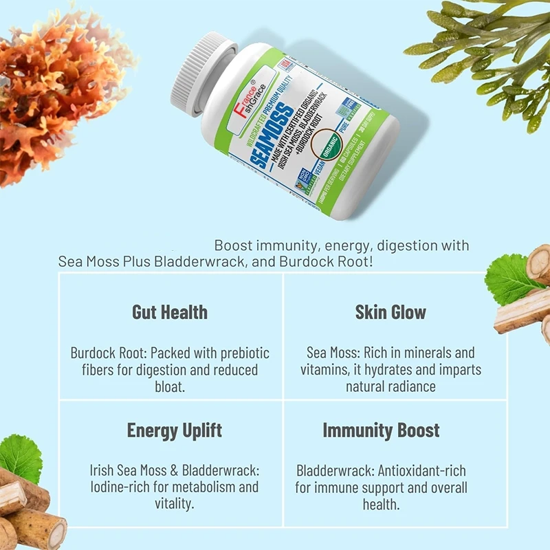 Organic Wildcrafted Seamoss, Bladderwrack & Burdock Root, Supplement for Immunity Capsules