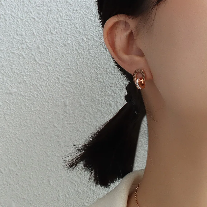 Stainless Steel 18K Gold Double Ring Roman Number Necklace Sticky Diamond Double Ring Stud Earrings Set