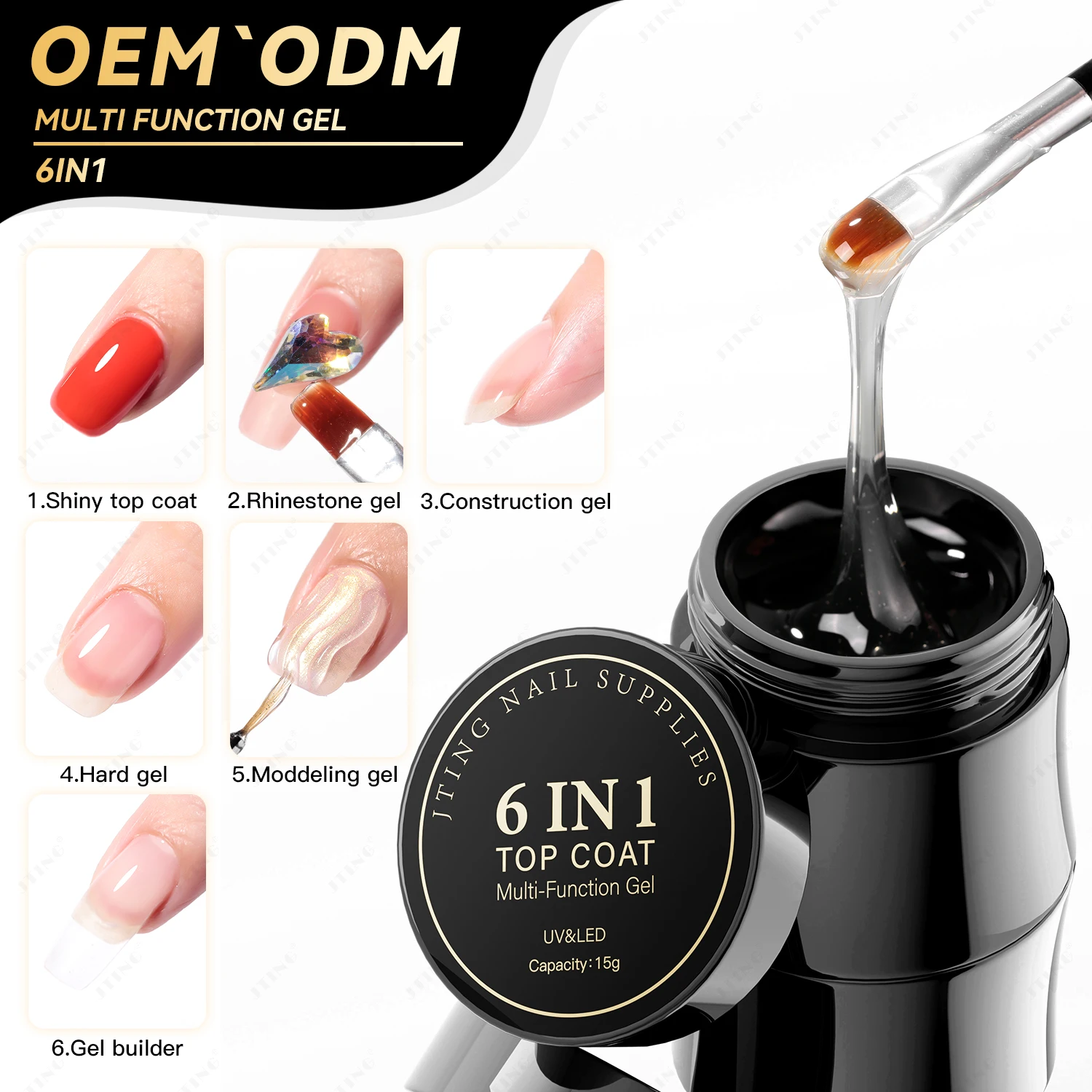 JTING 6in1 Multifunction Gel Shiny Hard Top Coat Various Effect Construction Builder Modelling Leveling Nail Polish