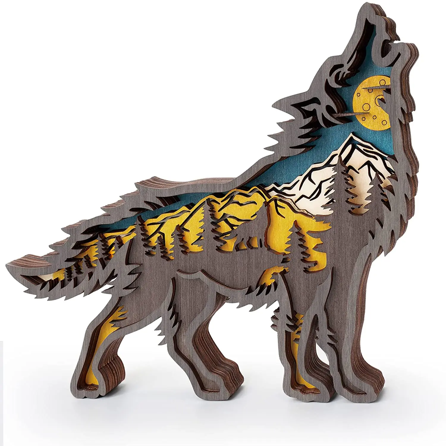 Forest Animal Wooden Home Sculptures Ornament,Multi-Layer 3D Wood Carving Art Shelf Table Wood Crafts Home Furnishing (Wolf