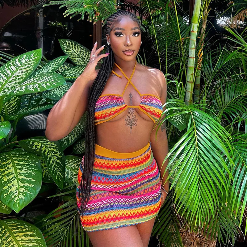 Summer New Beach Knitted 2 Piece Skirt Set Fashion Hater Crop Top And Mini Skirts Sexy Slim Two Piece Skirt Set For Women