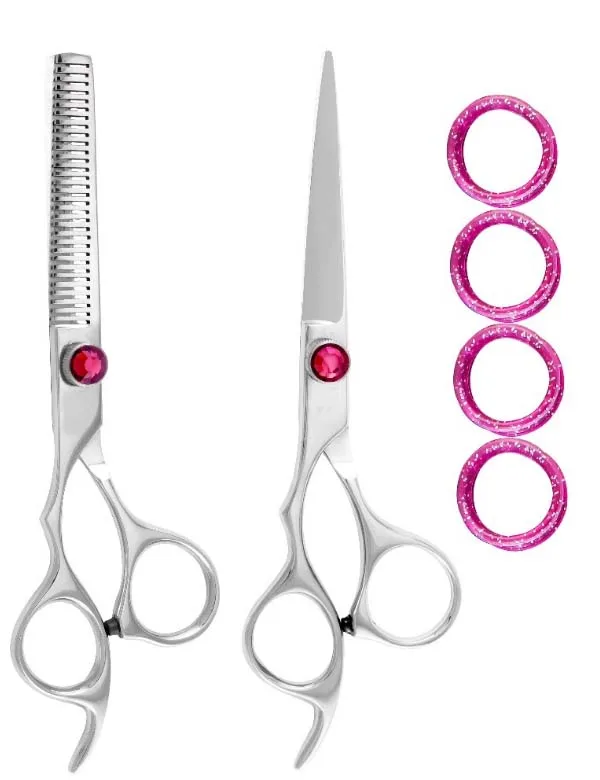 
Silver Left Handed Barber Scissor with Pink Gem set 