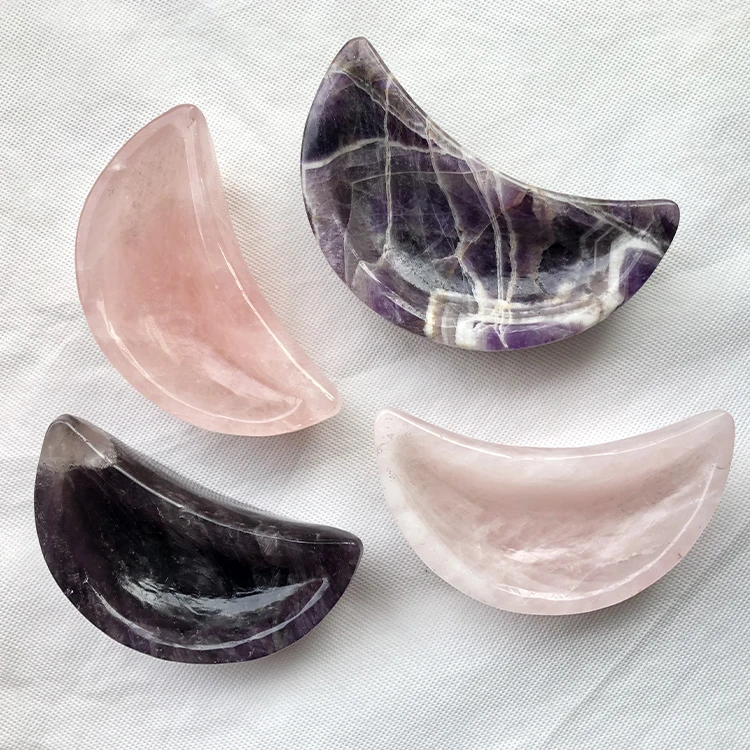 Factory Produce Hand Carved Moon Shaped Natural Pink Rose Quartz Crystal Bowls For Home Decoration