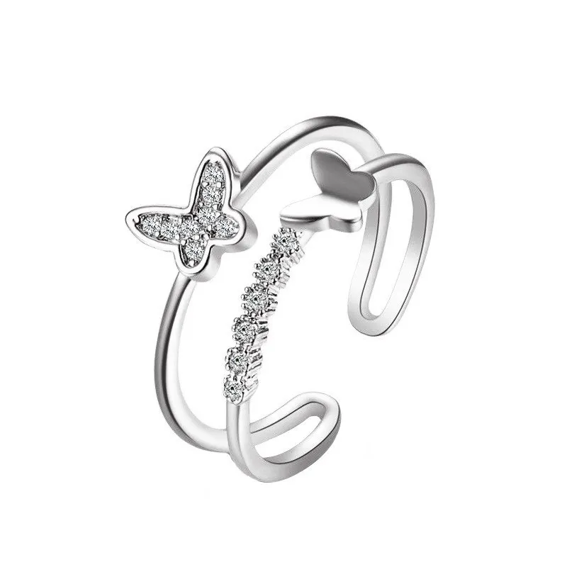 Fashion Double Layer Gold Plated Copper Crystal Butterfly Open Finger Smart Ring for Women Wholesale