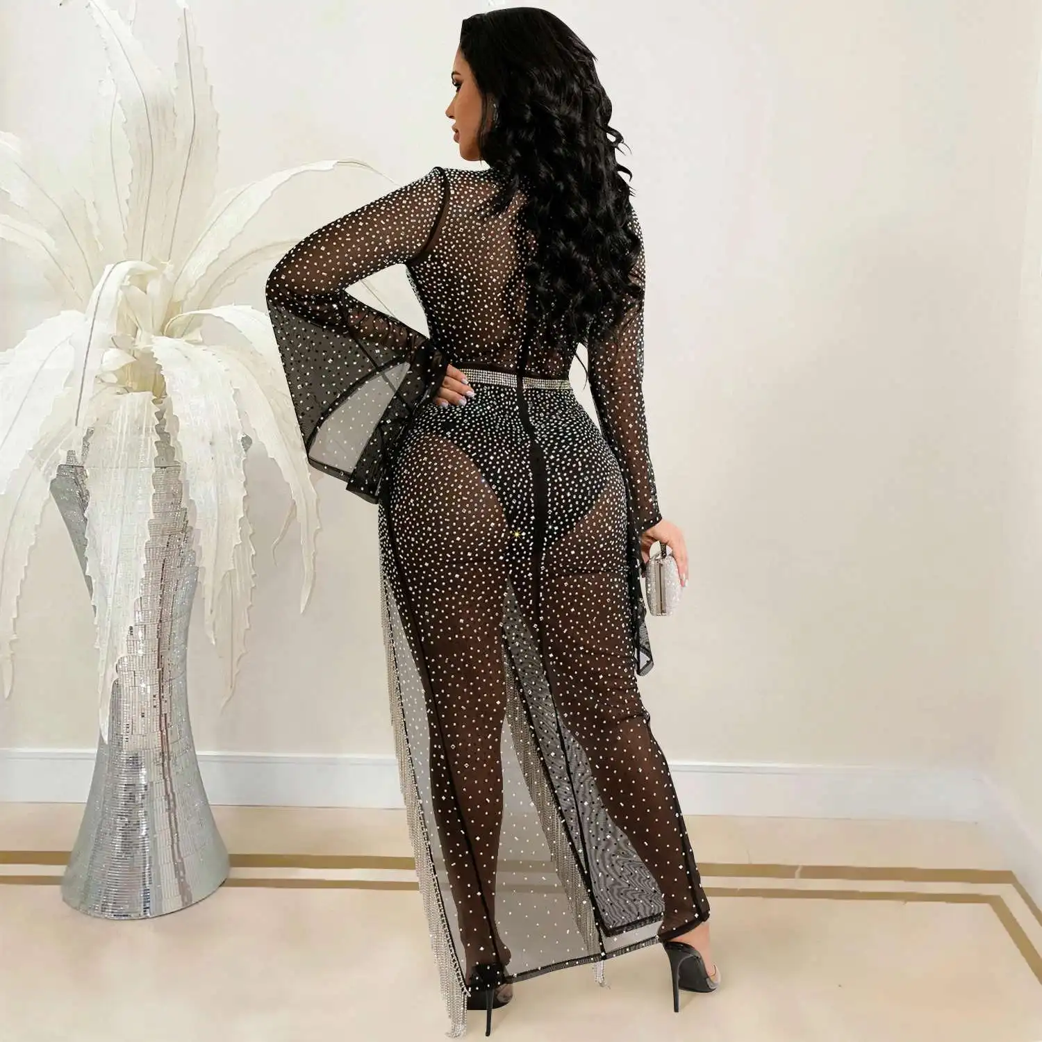 New 2022 Long Flare Sleeve Gown Women Sequins Dress Mesh See Through High Split Tassel Club Birthday Party Shinny Slim