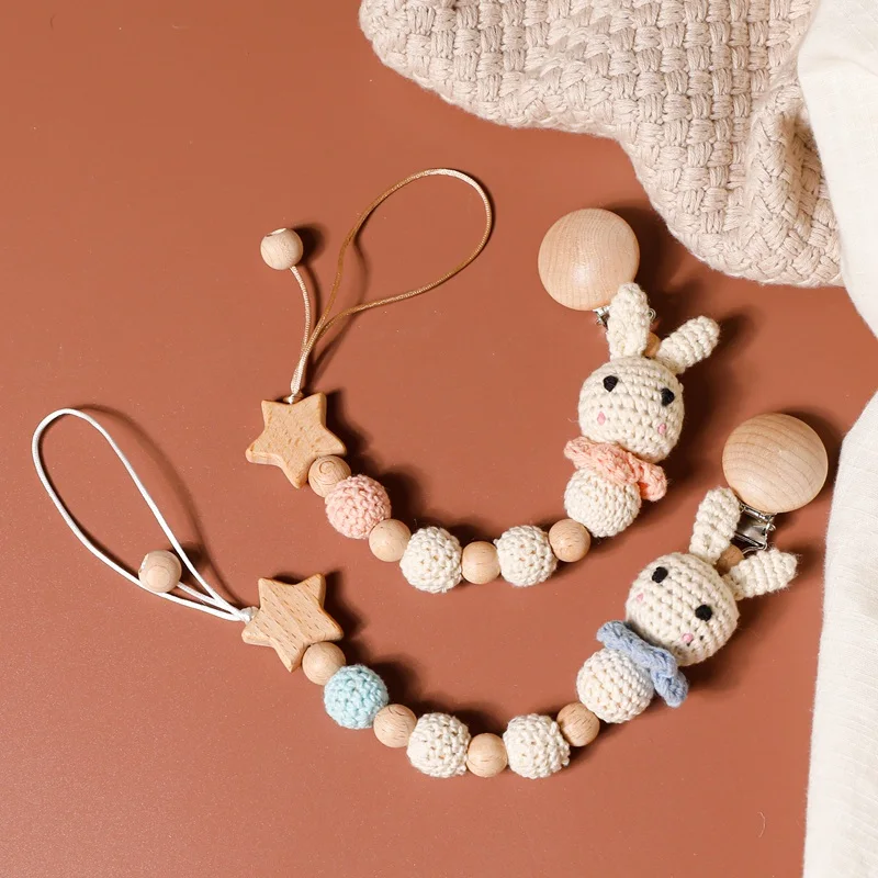 Wooden Pacifier Chains Rabbit Crochet Beads Baby Pacifier Clips Personalized Attache Sucett Dummy Mam Pacifiers Nipple Holder