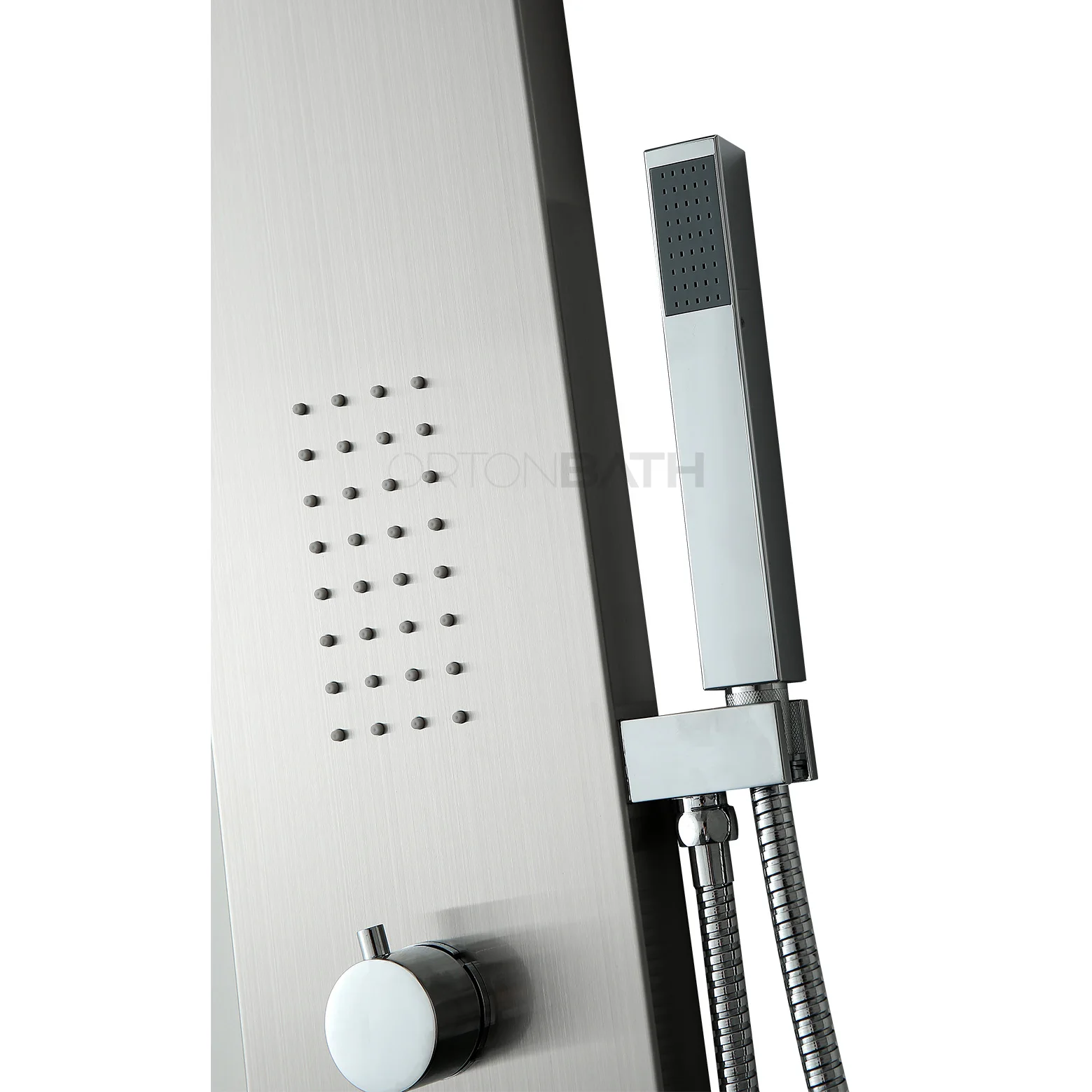 ORTONBATH ShowerSpa Panel with Rain Shower head, 2 Body Spray Jets and Hand Shower, Brushed Stainless Steel Nickel Fixtures