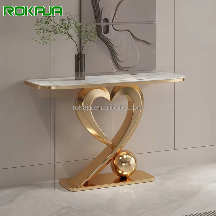 Luxury Living Room Furniture Entrance Table Shiny Metal Base Hallway Decorative Table Sintered Stone Top Console Table