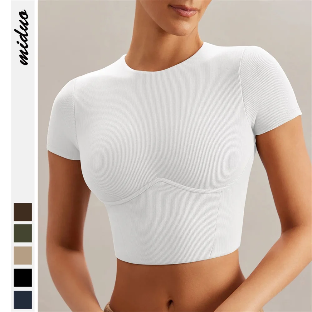 Ribbed Neck Breathable Yoga Gym Fitness Tight Crop Top Women T-Shirt