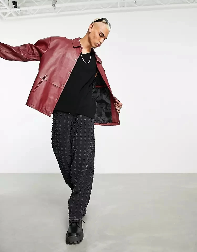 OEM custom logo button terry embroidery red PU leather waterproof fashion winter warm coat