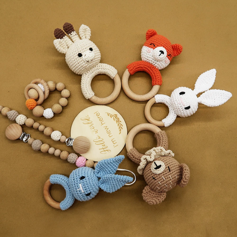 New Custom Beech Wood Handmade Rattle Teether Baby Crochet Toys