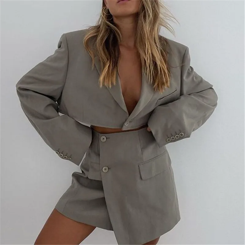 
Stylish blazer suit women wrap hip short skirt set crop top women two piece set 